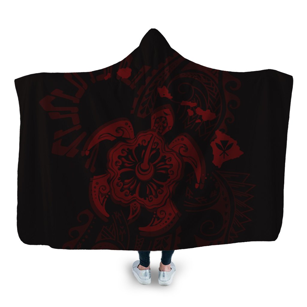 Hawaiian Map Kanaka Hibiscus Turtle Red Polynesian Hooded Blanket - AH Hooded Blanket White - Polynesian Pride