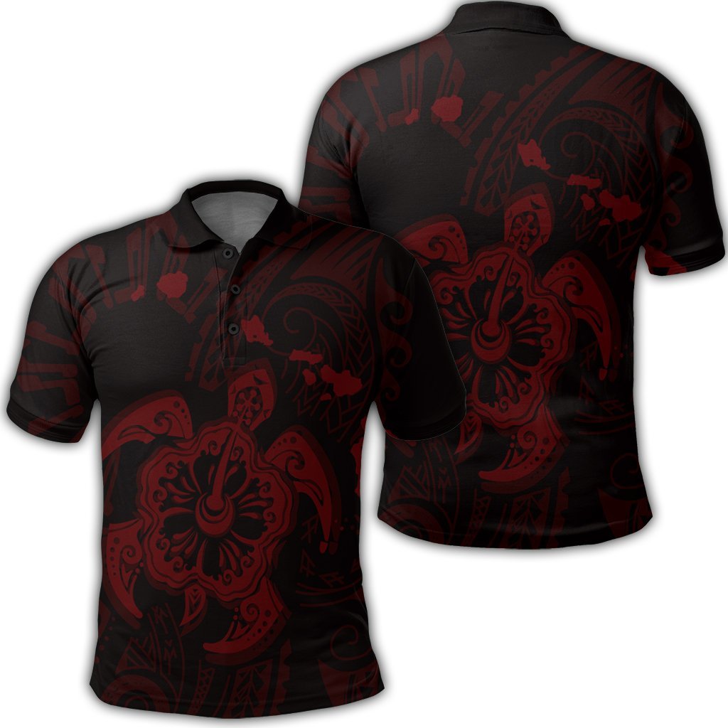 Hawaiian Map Kanaka Hibiscus Turtle Red Polynesian Polo Shirt Unisex Black - Polynesian Pride