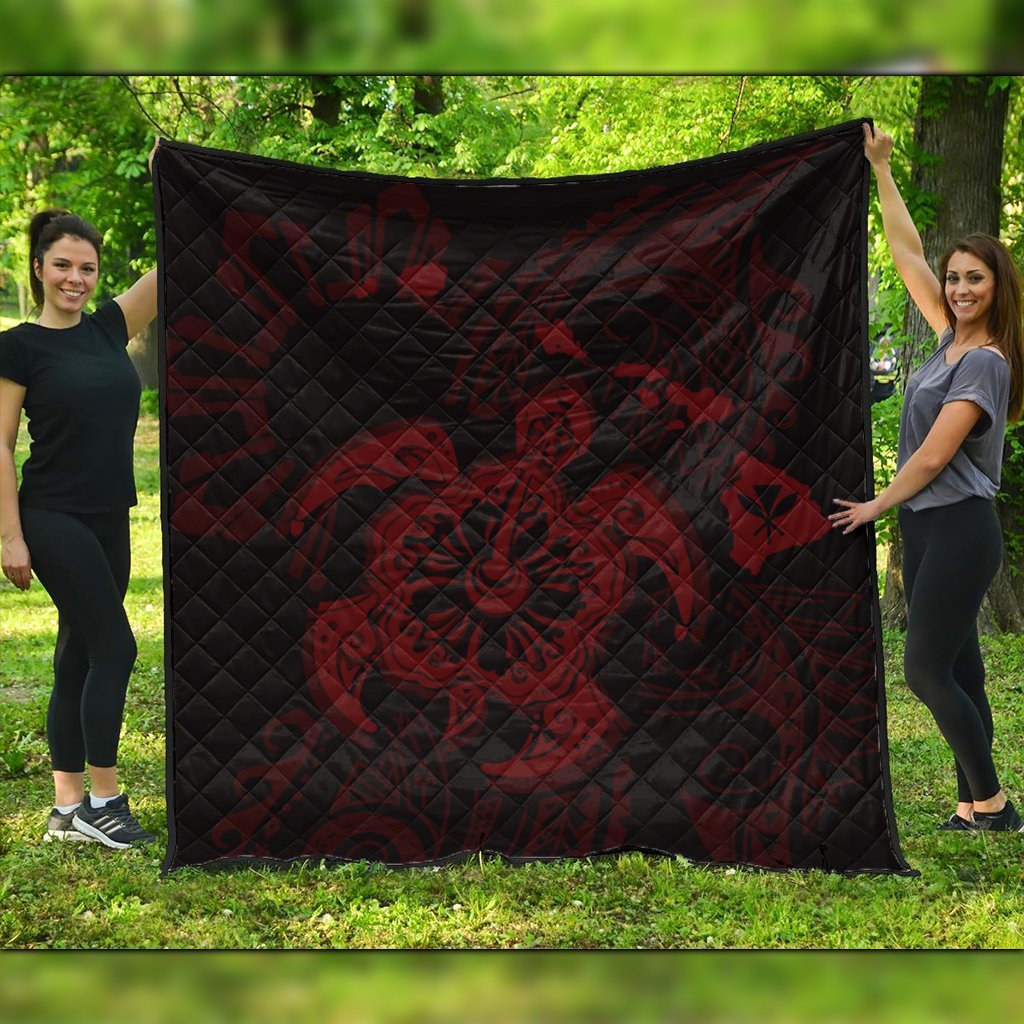 Hawaiian Map Kanaka Hibiscus Turtle Red Polynesian Premium Quilts - AH Black - Polynesian Pride