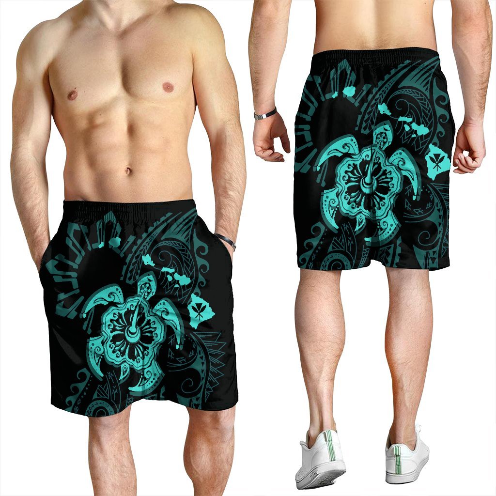 Hawaiian Map Kanaka Hibiscus Turtle Turquoise Polynesian Men's Shorts - AH - Polynesian Pride