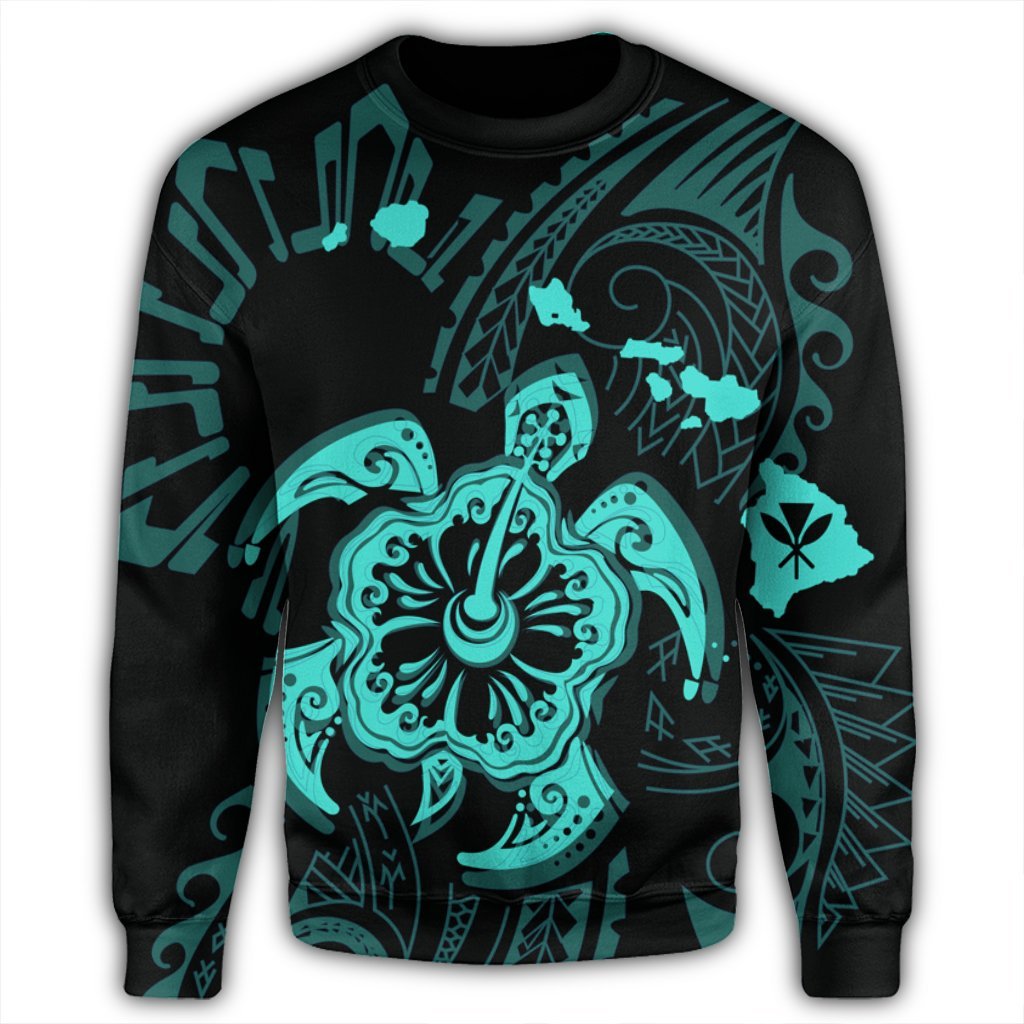 Hawaiian Map Kanaka Hibiscus Turtle Turquoise Polynesian Sweatshirt - AH - Polynesian Pride