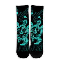 Hawaiian Map Kanaka Hibiscus Turtle Turquoise Polynesian Crew Socks - AH - Polynesian Pride