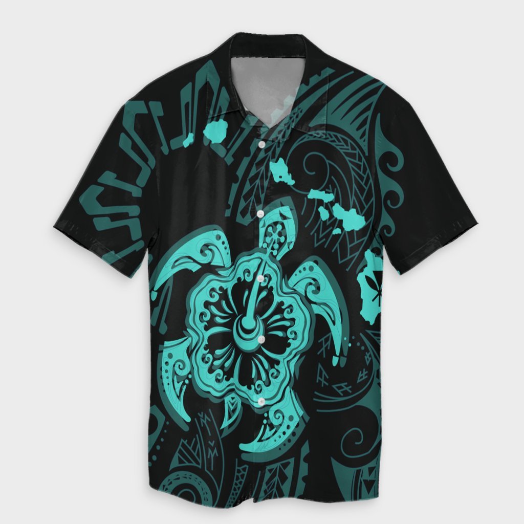 Hawaiian Map Kanaka Hibiscus Turtle Turquoise Polynesian Hawaiian Shirt - AH Unisex Black - Polynesian Pride