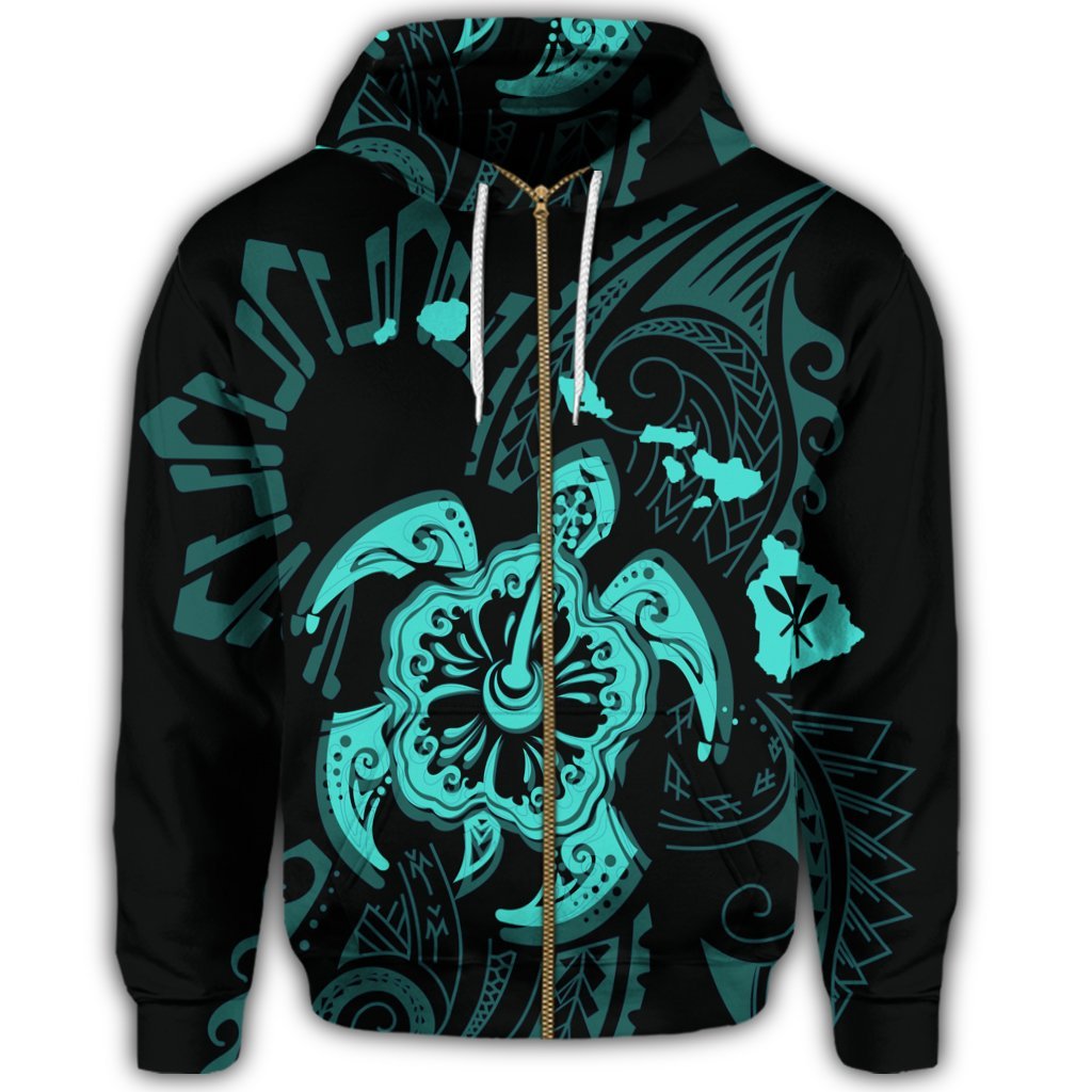 Hawaiian Map Kanaka Hibiscus Turtle Turquoise Polynesian Zip Hoodie - Polynesian Pride