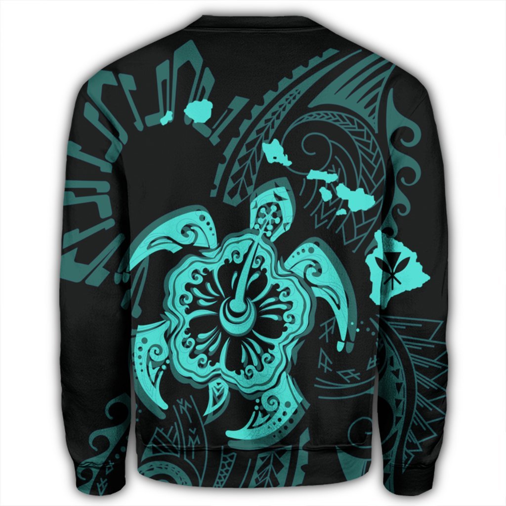 Hawaiian Map Kanaka Hibiscus Turtle Turquoise Polynesian Sweatshirt - AH - Polynesian Pride