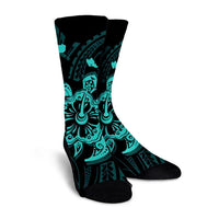 Hawaiian Map Kanaka Hibiscus Turtle Turquoise Polynesian Crew Socks - AH - Polynesian Pride