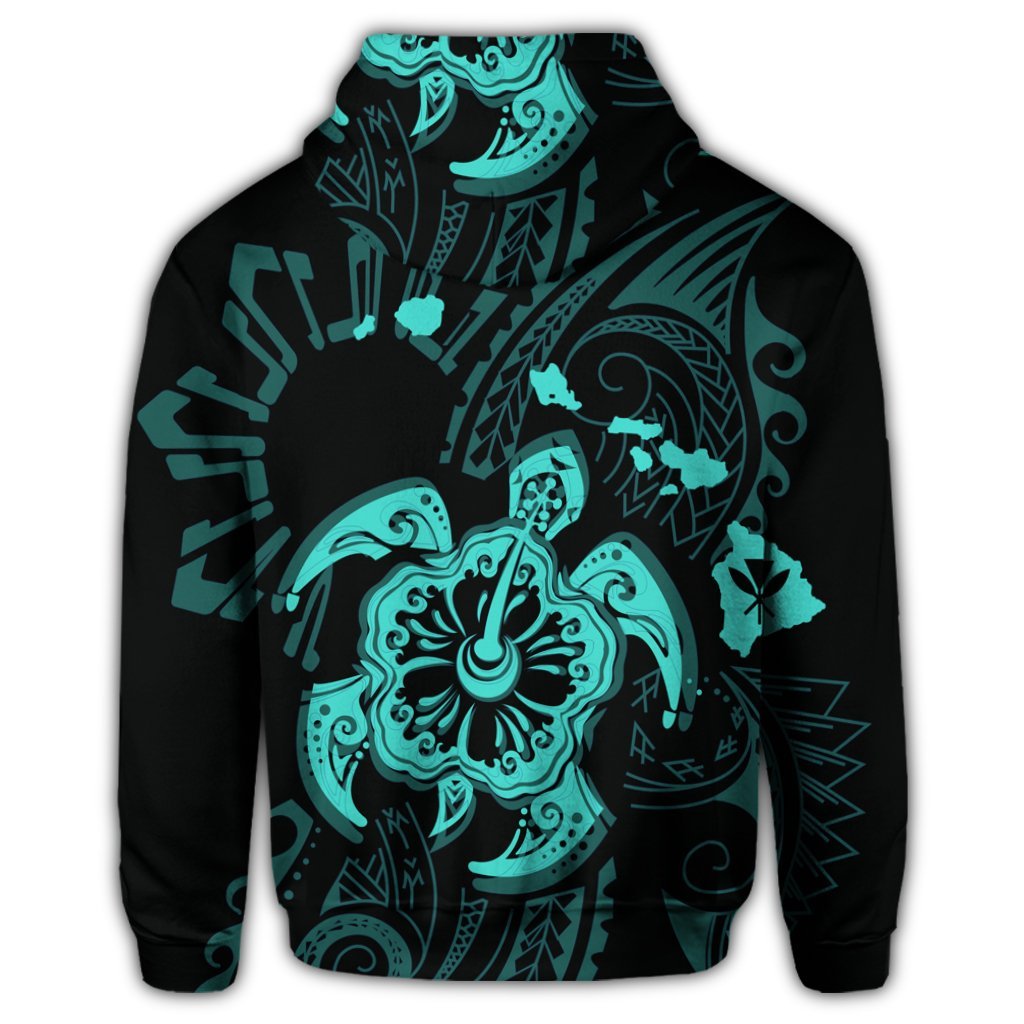 Hawaiian Map Kanaka Hibiscus Turtle Turquoise Polynesian Zip Hoodie - Polynesian Pride