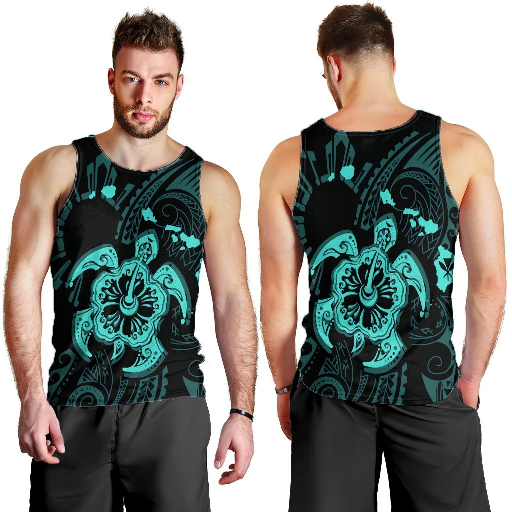 Hawaiian Map Kanaka Hibiscus Turtle Turquoise Polynesian Tank Top - AH - Polynesian Pride