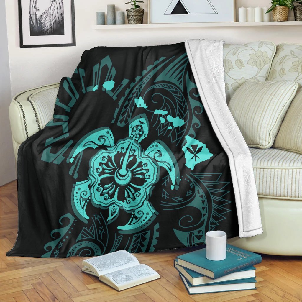 Hawaiian Map Kanaka Hibiscus Turtle Turquoise Polynesian Premium Blankets - AH White - Polynesian Pride