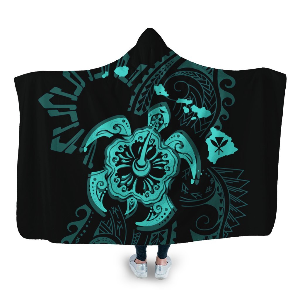 Hawaiian Map Kanaka Hibiscus Turtle Turquoise Polynesian Hooded Blanket - AH Hooded Blanket White - Polynesian Pride