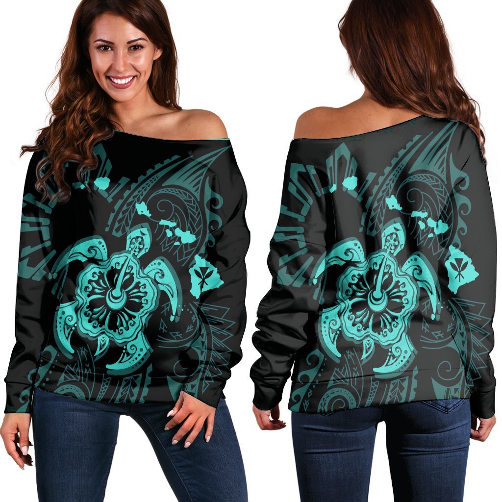 Hawaiian Map Kanaka Hibiscus Turtle Turquoise Polynesian Women's Off Shoulder Sweater - AH Black - Polynesian Pride