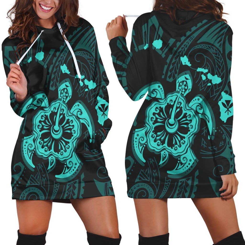 Hawaiian Map Kanaka Hibiscus Turtle Turquoise Polynesian Hoodie Dress - AH Black - Polynesian Pride