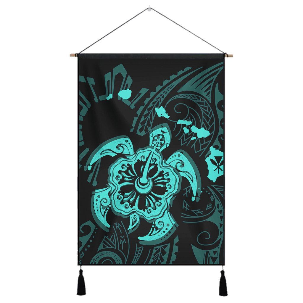 Hawaiian Map Kanaka Hibiscus Turtle Turquoise Polynesian Hanging Poster - AH Hanging Poster Cotton And Linen - Polynesian Pride