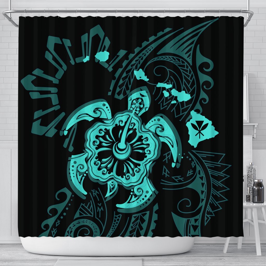 Hawaiian Map Kanaka Hibiscus Turtle Turquoise Polynesian Shower Curtain - AH 177 x 172 (cm) Black - Polynesian Pride