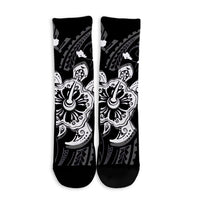 Hawaiian Map Kanaka Hibiscus Turtle White Polynesian Crew Socks - AH - Polynesian Pride