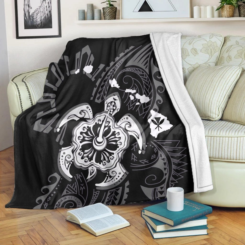 Hawaiian Map Kanaka Hibiscus Turtle White Polynesian Premium Blankets - AH White - Polynesian Pride