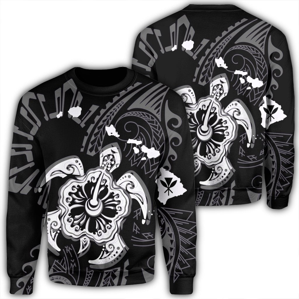 Hawaiian Map Kanaka Hibiscus Turtle White Polynesian Sweatshirt - AH Unisex Black - Polynesian Pride