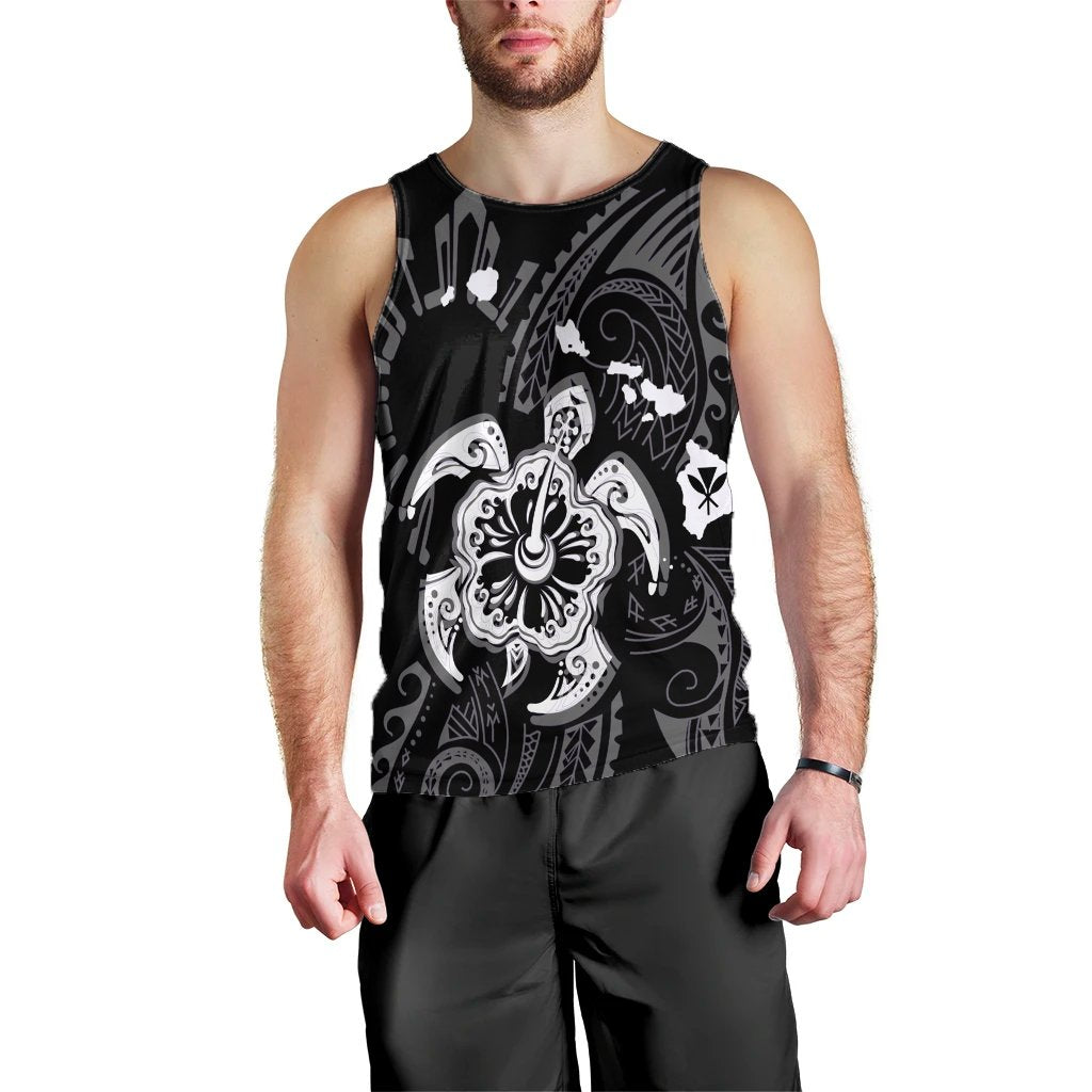 Hawaiian Map Kanaka Hibiscus Turtle White Polynesian Tank Top - AH Black - Polynesian Pride