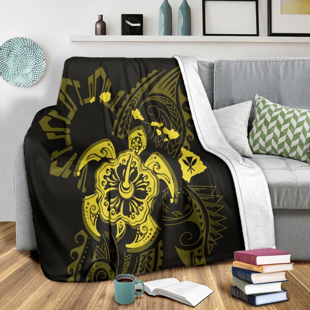 Hawaiian Map Kanaka Hibiscus Turtle Yellow Polynesian Premium Blankets - AH - Polynesian Pride