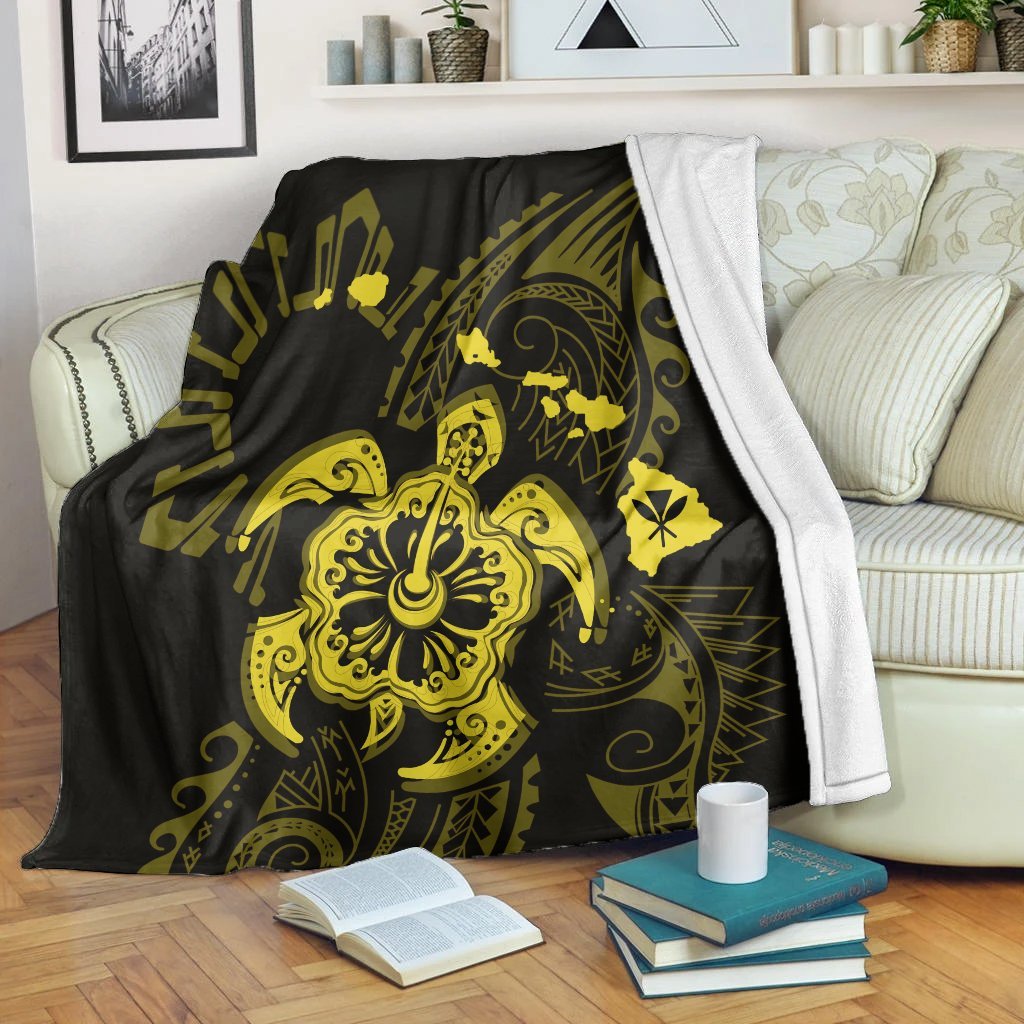 Hawaiian Map Kanaka Hibiscus Turtle Yellow Polynesian Premium Blankets - AH White - Polynesian Pride