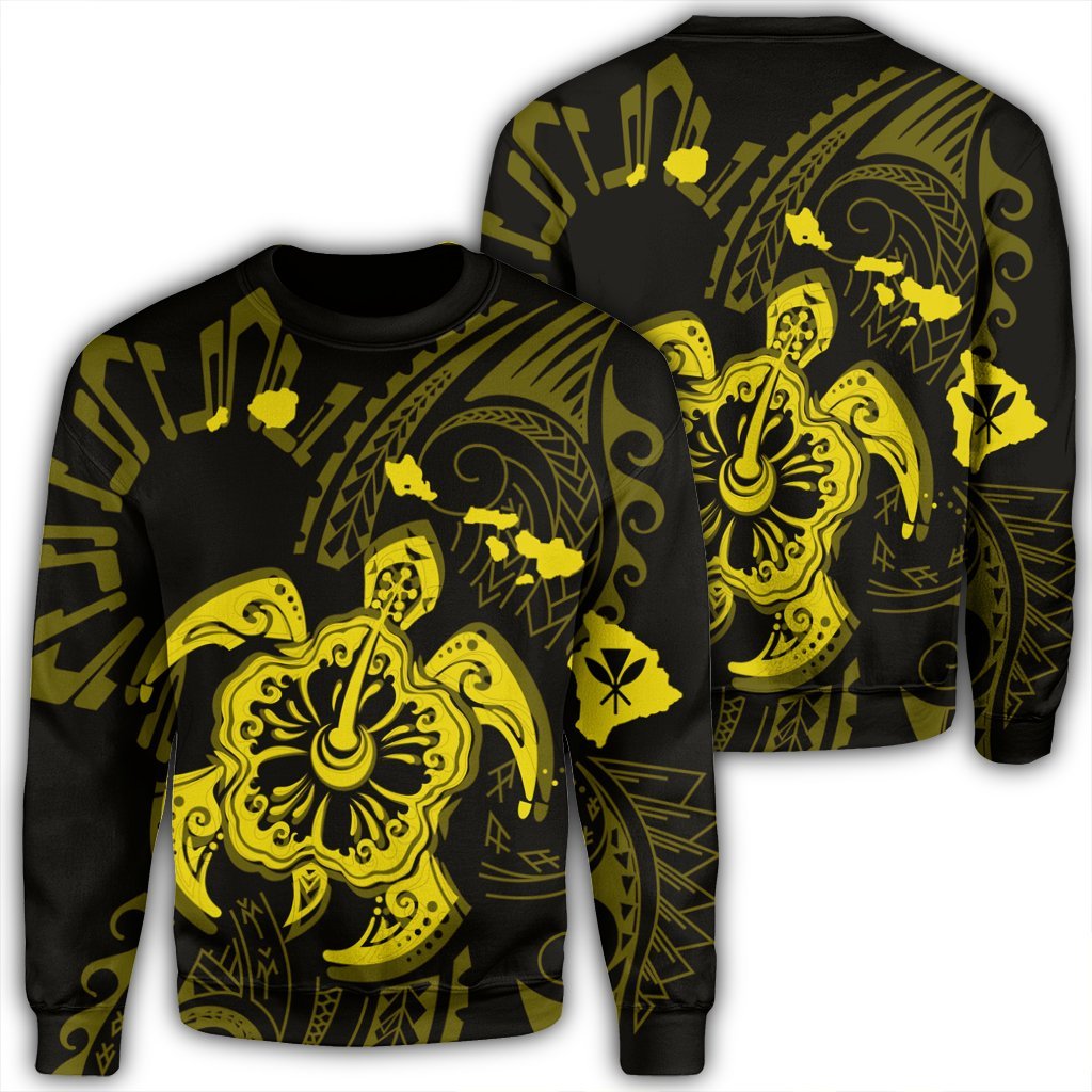 Hawaiian Map Kanaka Hibiscus Turtle Yellow Polynesian Sweatshirt - AH Unisex Black - Polynesian Pride