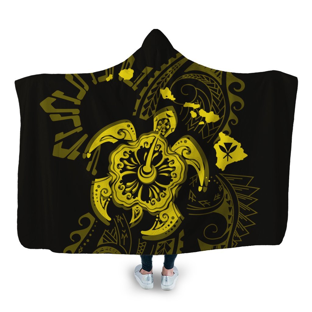 Hawaiian Map Kanaka Hibiscus Turtle Yellow Polynesian Hooded Blanket - AH Hooded Blanket White - Polynesian Pride