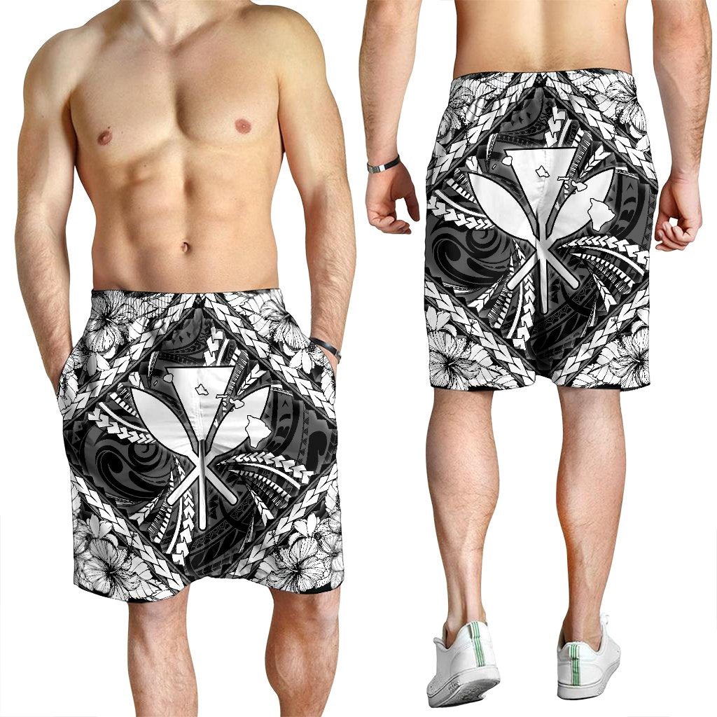 Hawaiian Map Kanaka Hibiscus White Polynesian Men's Shorts - AH - Polynesian Pride