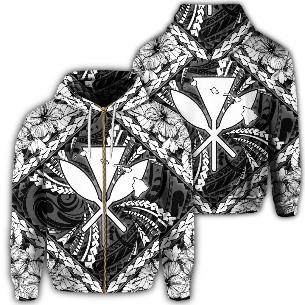 Hawaiian Map Kanaka Hibiscus White Polynesian Zip Hoodie Unisex Art - Polynesian Pride
