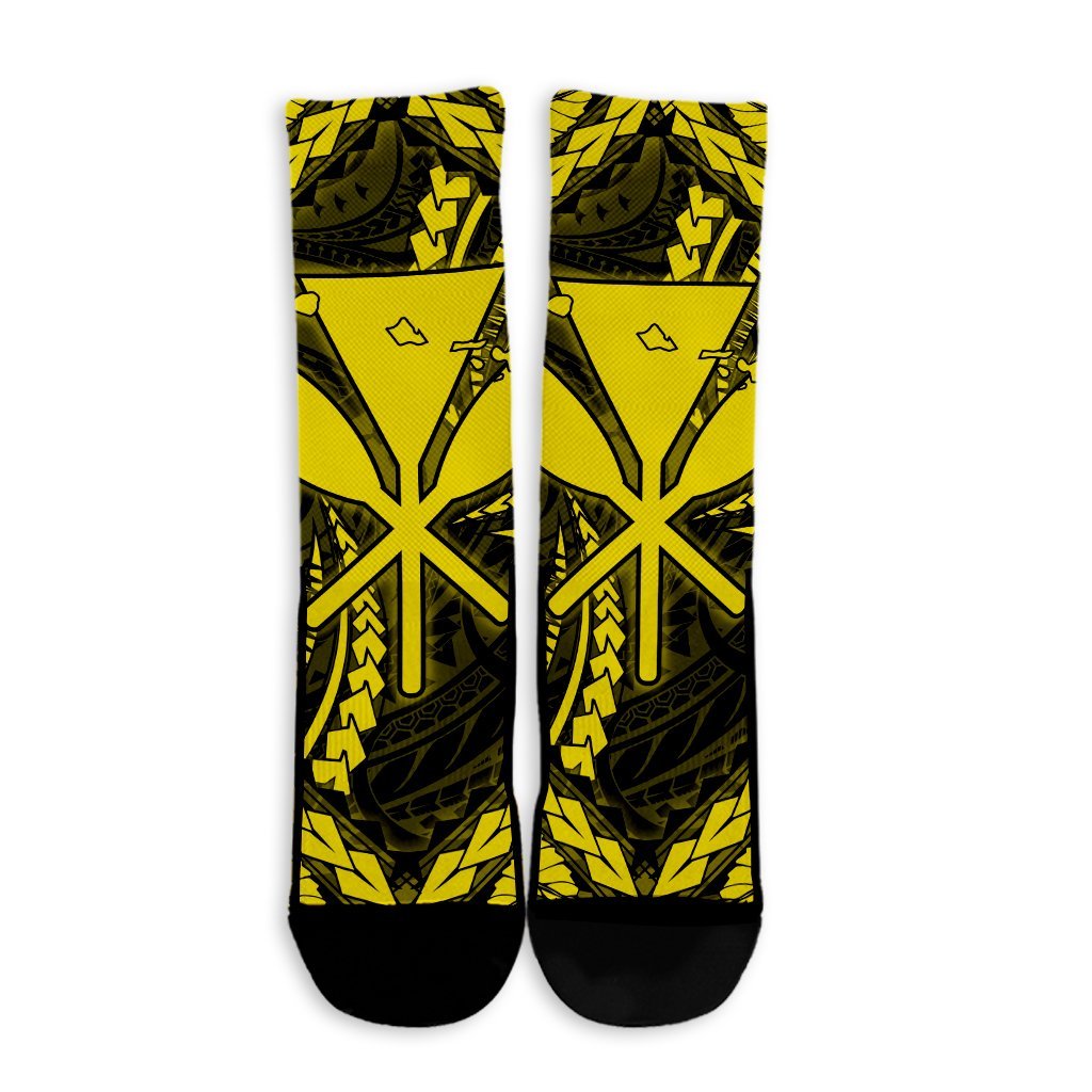 Hawaiian Map Kanaka Hibiscus Yellow Polynesian Crew Socks - AH - Polynesian Pride