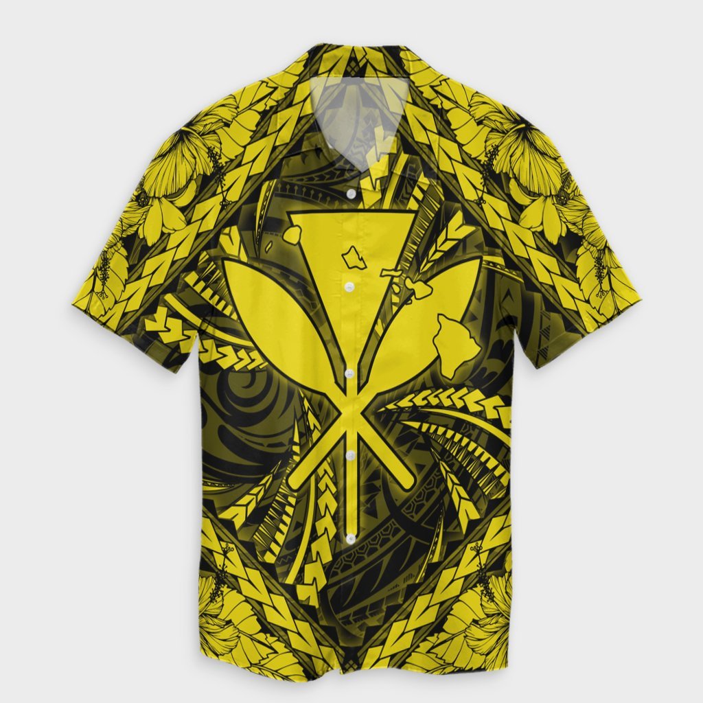 Hawaiian Map Kanaka Hibiscus Yellow Polynesian Hawaiian Shirt - AH Unisex Black - Polynesian Pride