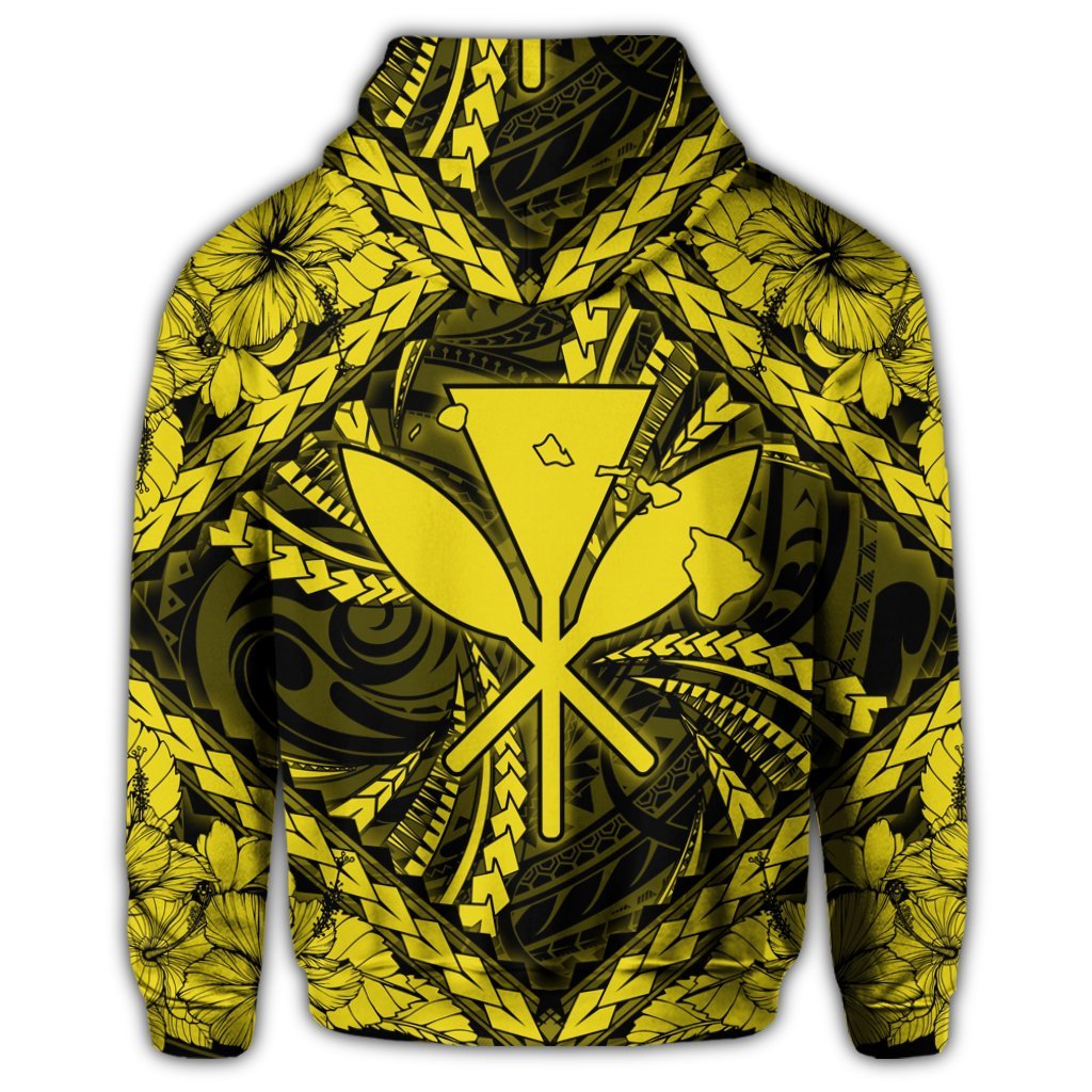 Hawaiian Map Kanaka Hibiscus Yellow Polynesian Zip Hoodie - Polynesian Pride