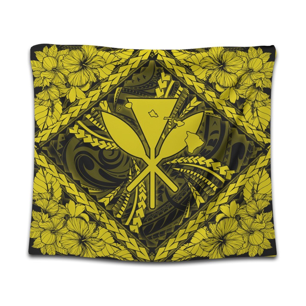 Hawaiian Map Kanaka Hibiscus Yellow Polynesian Tapestry - AH Wall Tapestry Black - Polynesian Pride