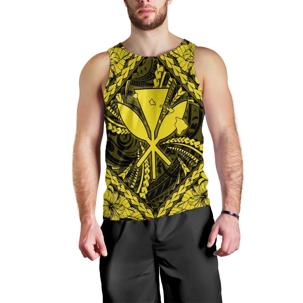 Hawaiian Map Kanaka Hibiscus Yellow Polynesian Tank Top - AH Black - Polynesian Pride