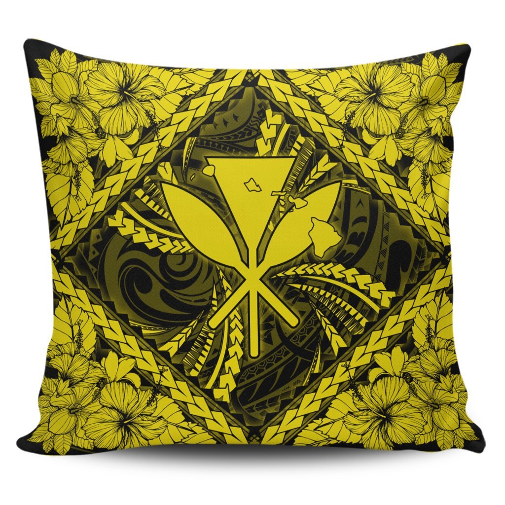 Hawaiian Map Kanaka Hibiscus Yellow Polynesian Pillow Covers - AH Pillow Covers Black - Polynesian Pride