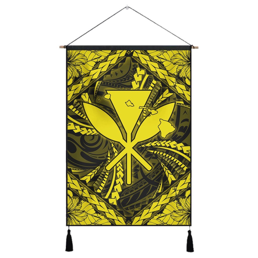 Hawaiian Map Kanaka Hibiscus Yellow Polynesian Hanging Poster - AH Hanging Poster Cotton And Linen - Polynesian Pride