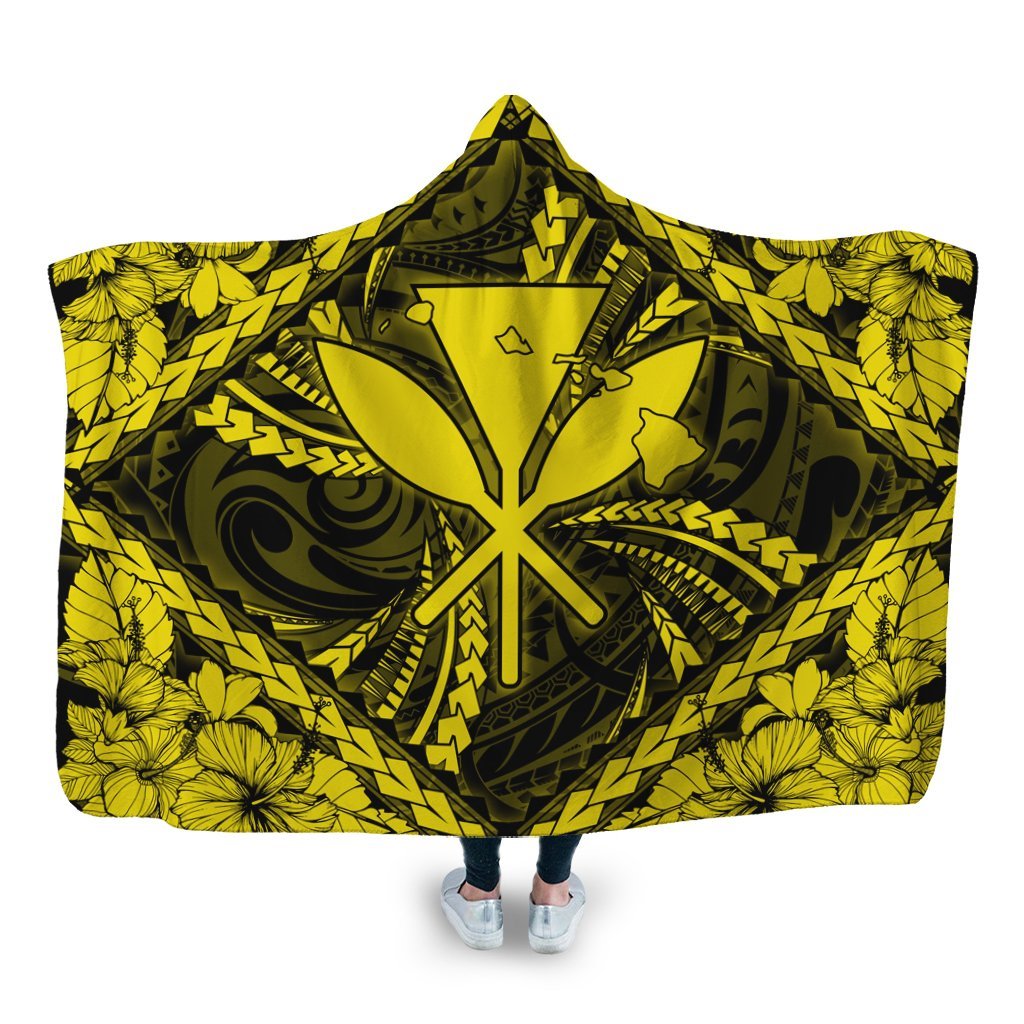 Hawaiian Map Kanaka Hibiscus Yellow Polynesian Hooded Blanket - AH Hooded Blanket White - Polynesian Pride