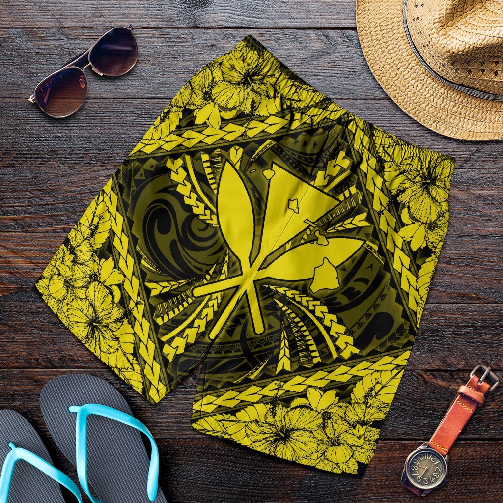 Hawaiian Map Kanaka Hibiscus Yellow Polynesian Men's Shorts - AH Art - Polynesian Pride