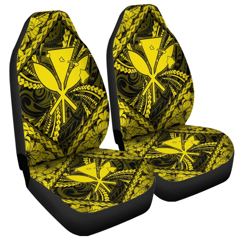 Hawaiian Map Kanaka Hibiscus Yellow Polynesian Car Seat Covers - AH Universal Fit Black - Polynesian Pride