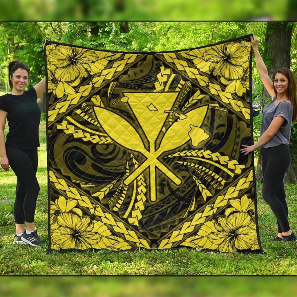 Hawaiian Map Kanaka Hibiscus Yellow Polynesian Premium Quilts - AH Black - Polynesian Pride