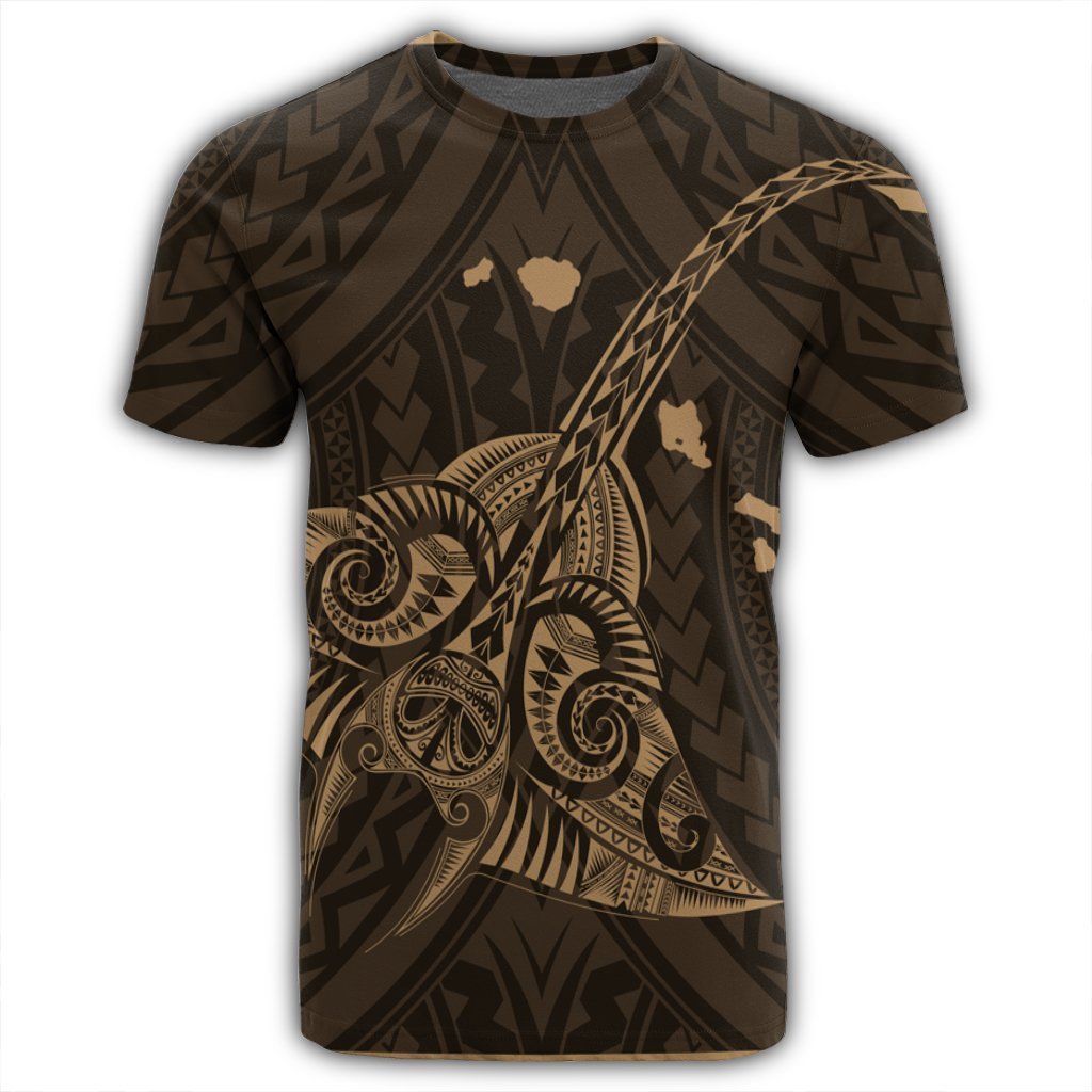 Hawaiian Map Kanaka Manta Ray Polynesian T Shirt Gold - Polynesian Pride
