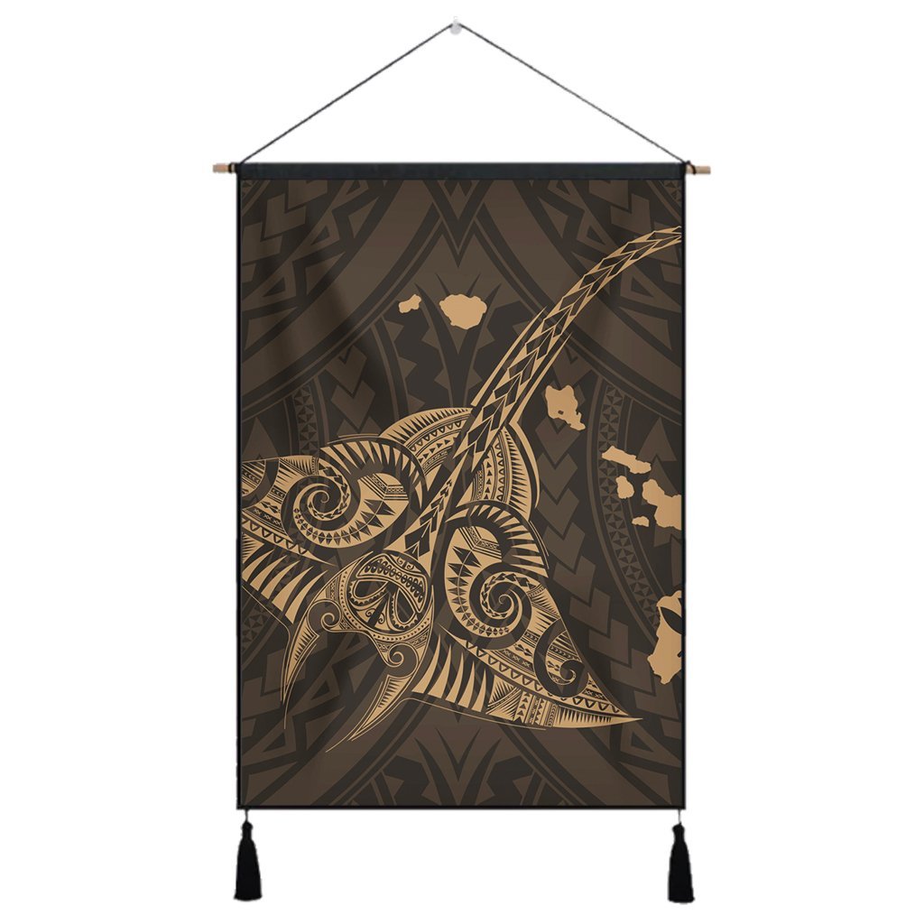 Hawaiian Map Kanaka Manta Ray Polynesian Hanging Poster Gold - AH Hanging Poster Cotton And Linen - Polynesian Pride