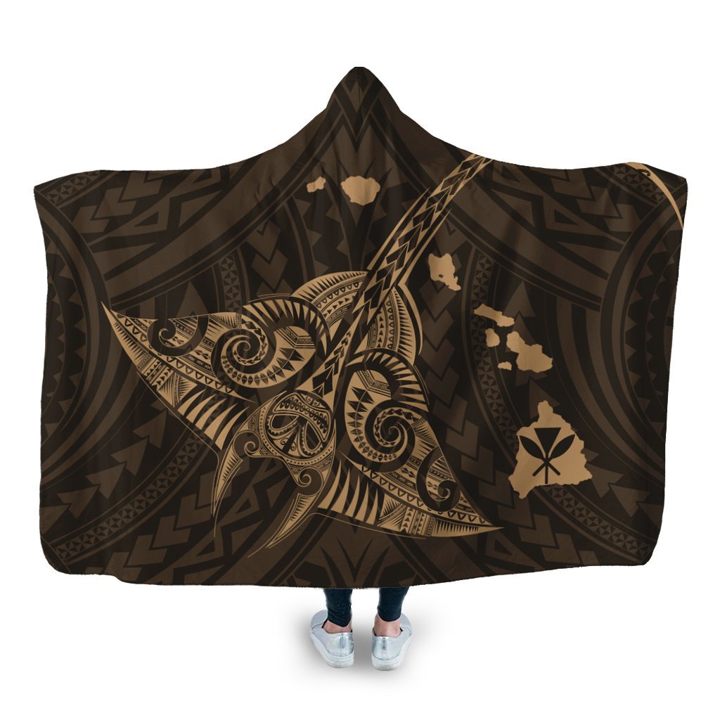 Hawaiian Map Kanaka Manta Ray Polynesian Hooded Blanket Gold - AH Hooded Blanket White - Polynesian Pride