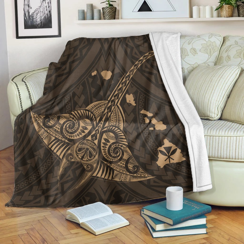 Hawaiian Map Kanaka Manta Ray Polynesian Premium Blankets Gold - AH White - Polynesian Pride