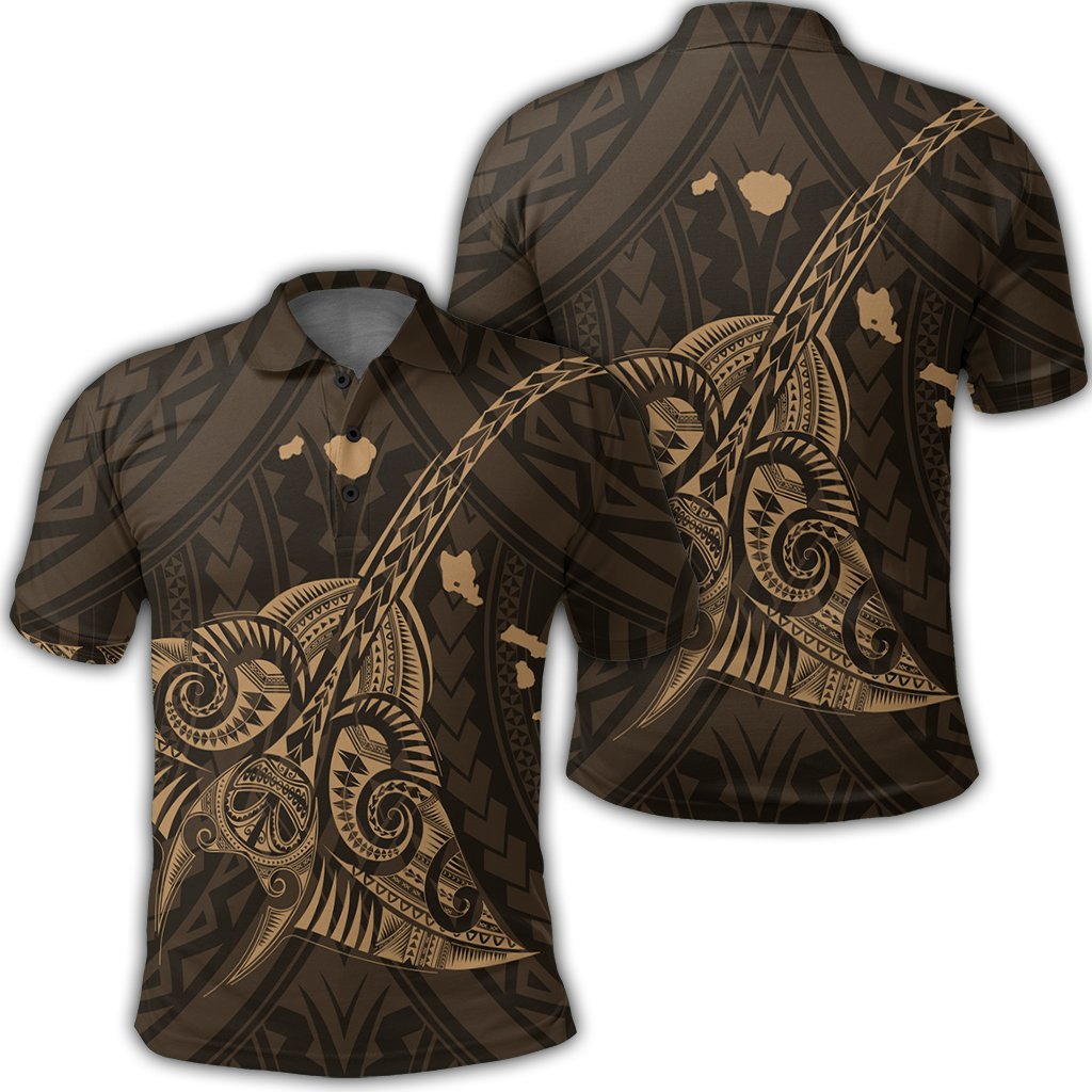 Hawaiian Map Kanaka Manta Ray Polynesian Polo Shirt Gold Unisex Black - Polynesian Pride