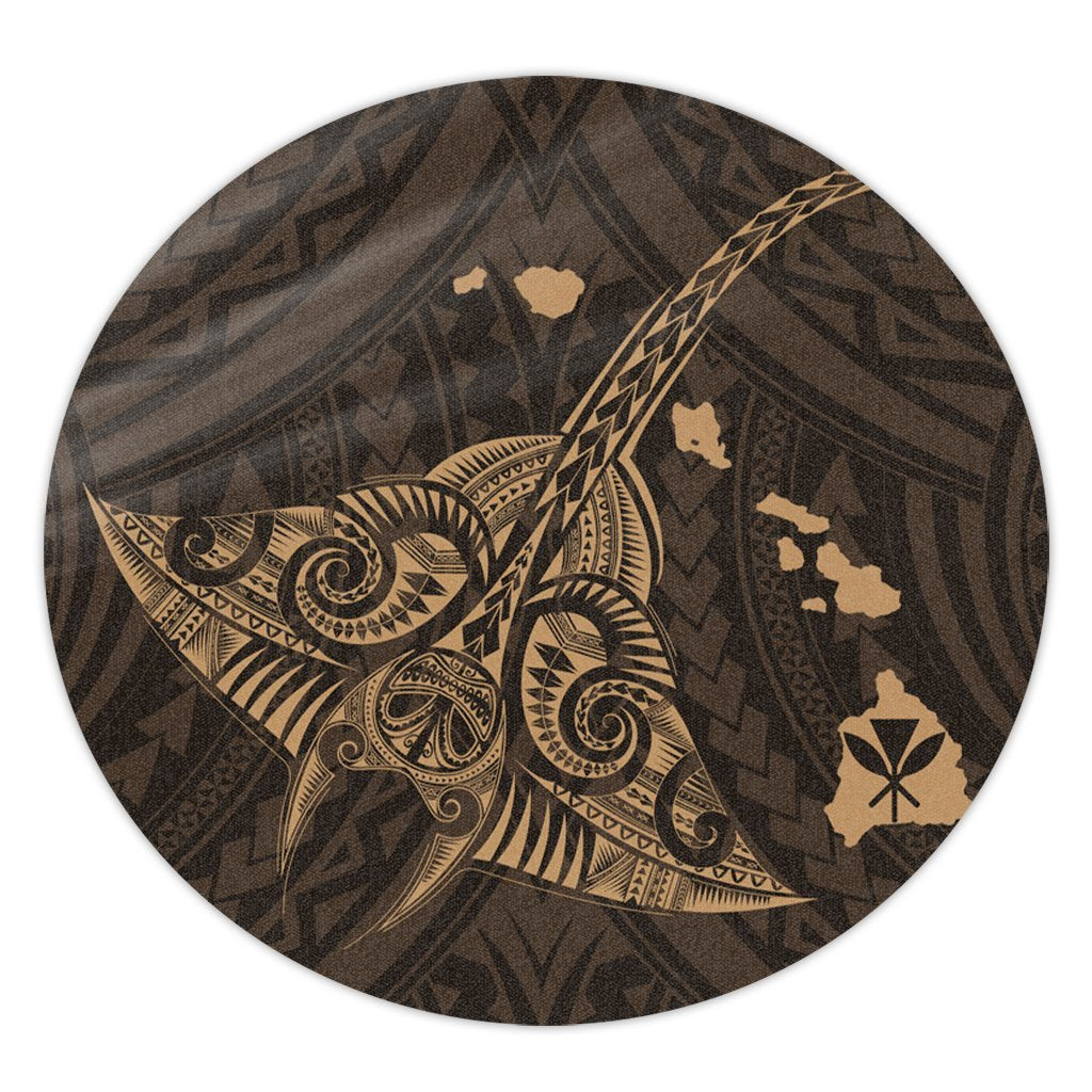 Hawaiian Map Kanaka Manta Ray Polynesian Round Carpet Gold - AH Round Carpet Luxurious Plush - Polynesian Pride