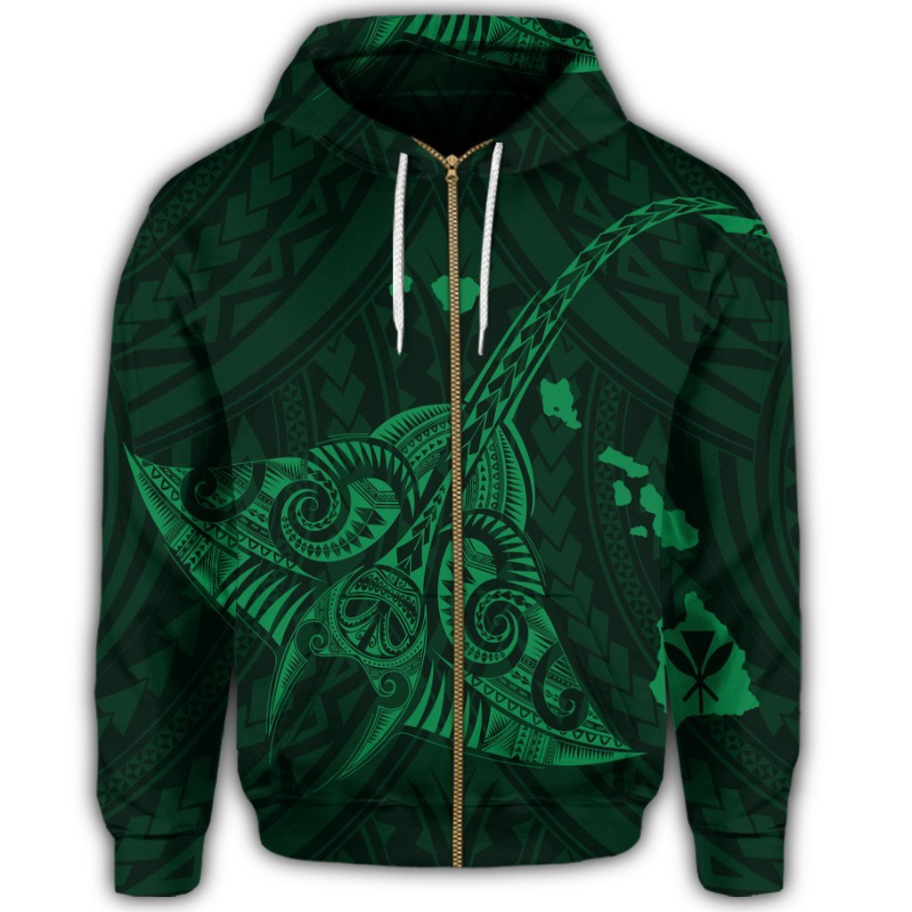 Hawaiian Map Kanaka Manta Ray Polynesian Zip Hoodie Green - Polynesian Pride