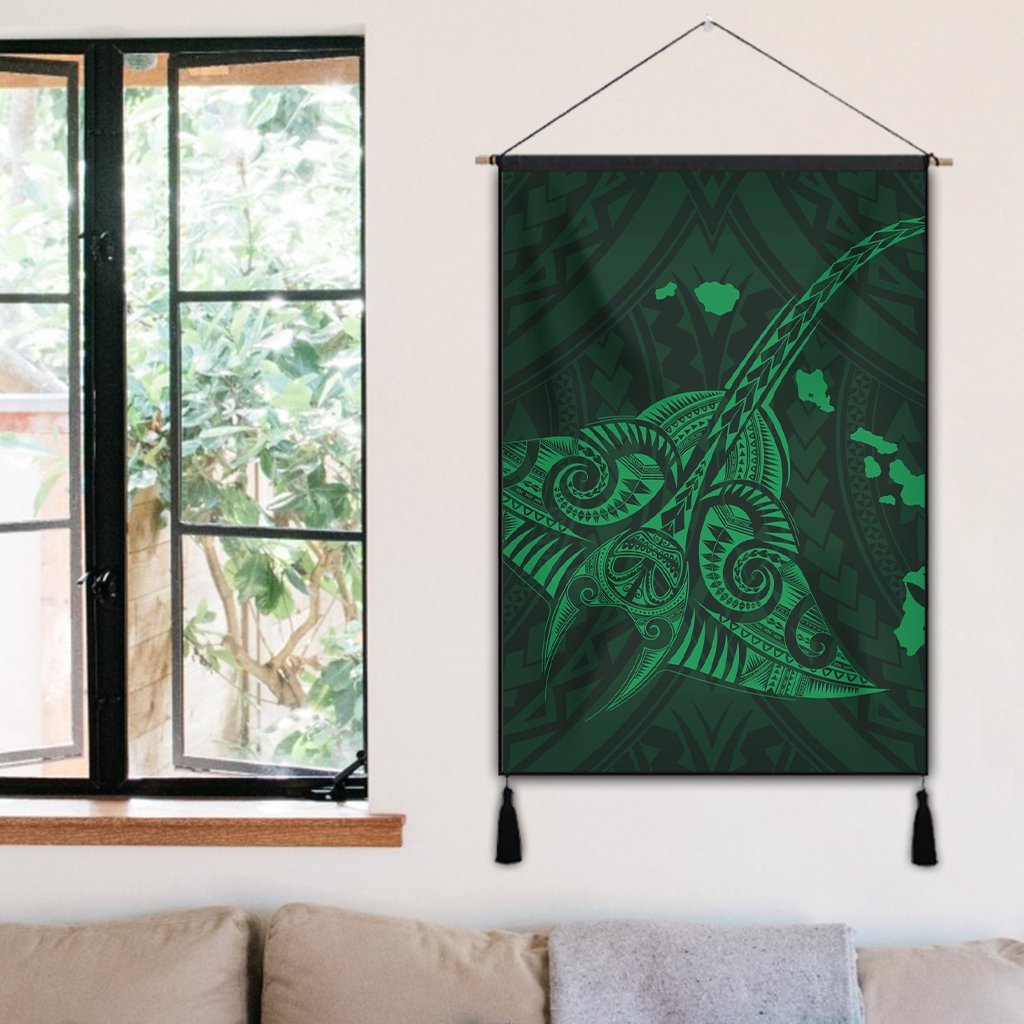 Hawaiian Map Kanaka Manta Ray Polynesian Hanging Poster Green - AH - Polynesian Pride