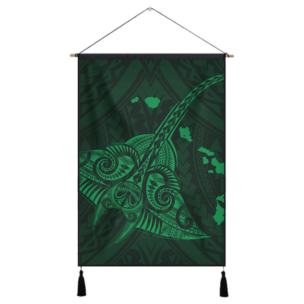 Hawaiian Map Kanaka Manta Ray Polynesian Hanging Poster Green - AH Hanging Poster Cotton And Linen - Polynesian Pride