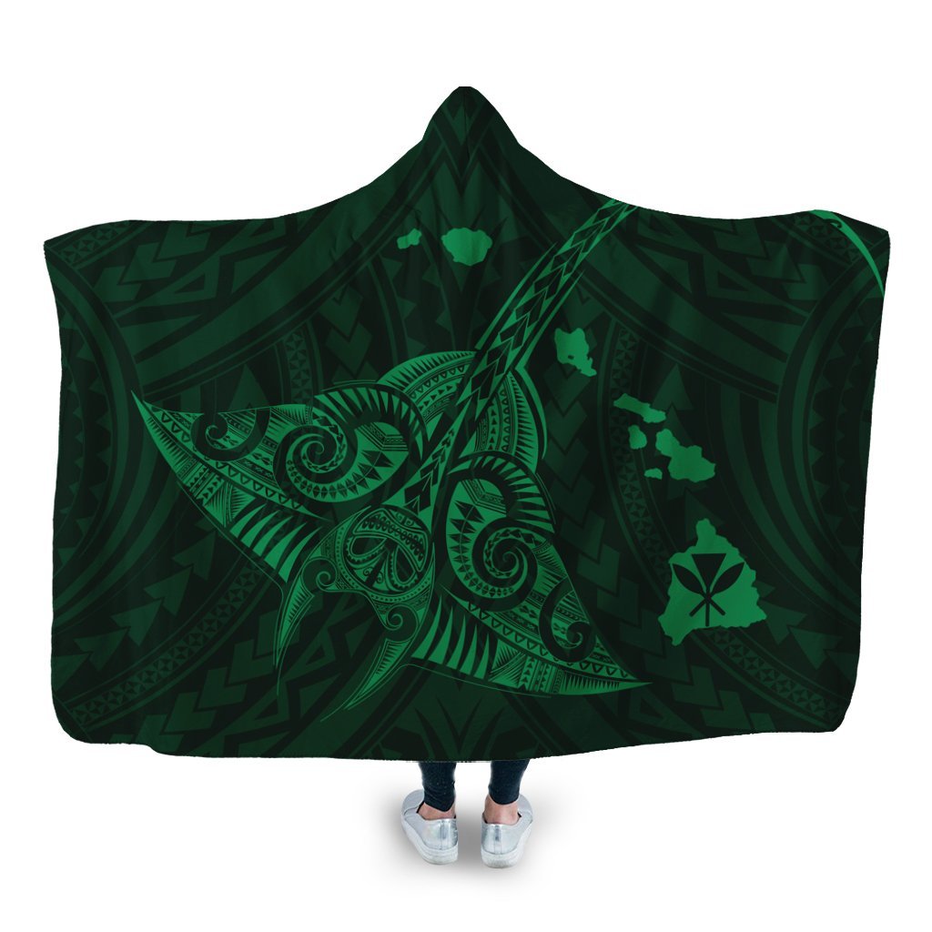 Hawaiian Map Kanaka Manta Ray Polynesian Hooded Blanket Green - AH Hooded Blanket White - Polynesian Pride