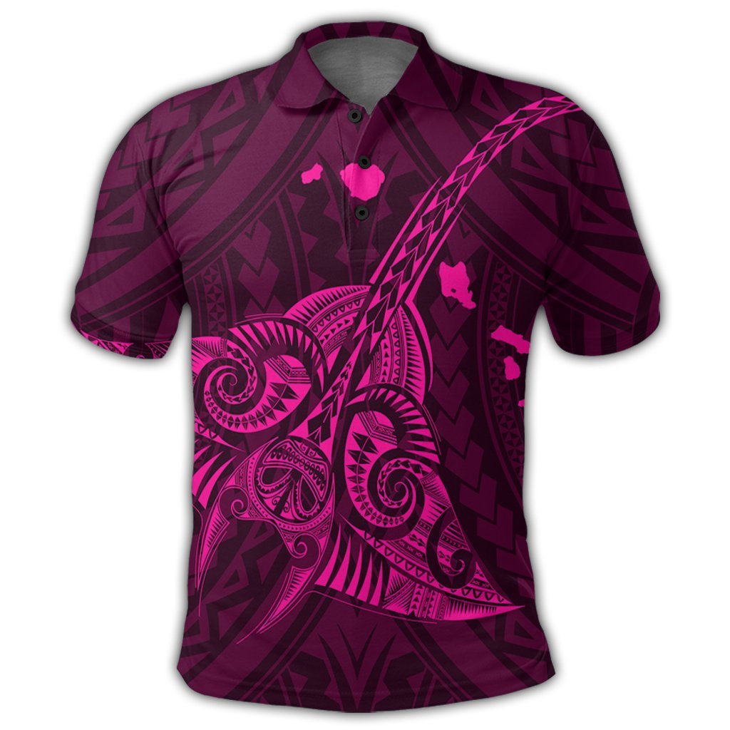 Hawaiian Map Kanaka Manta Ray Polynesian Polo Shirt Pink - Polynesian Pride
